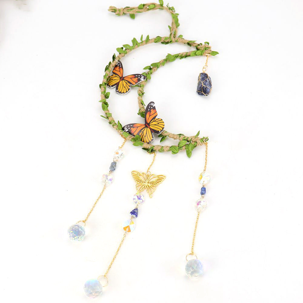 zensoullab Sun Catcher Hemp Rope Wrapped Leaf Butterfly Large 16cm Moon Gravel Crystal Ball Decoration Pendant