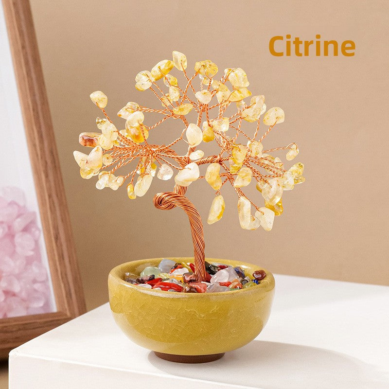zensoullab Natural Yellow Crystal Wealth Tree Tea Cup Base Treasure Bowl Crystal Tree Crystal Money Tree Desktop Wealth-Attracting Ornament