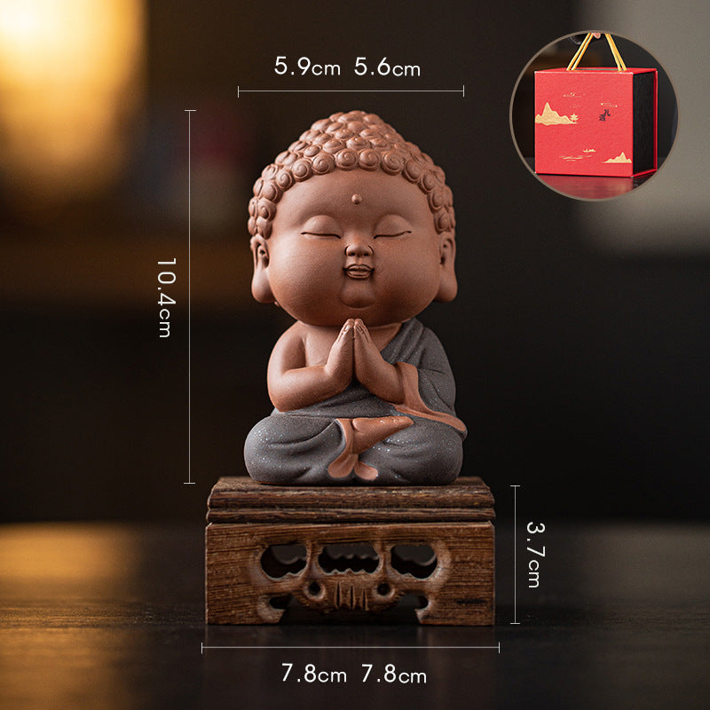 zensoullab Zen Purple Clay Small Buddha Figurine Cute Buddha Statue Chinese Style Home Tea Room Curio Shelf Tea Table Decoration