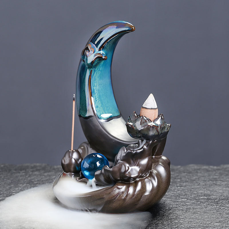 zensoullab Ceramic Backflow Sandalwood Incense Burner Home Zen Ornament Creative Moon Lotus Leaf Ornament Craft Decoration