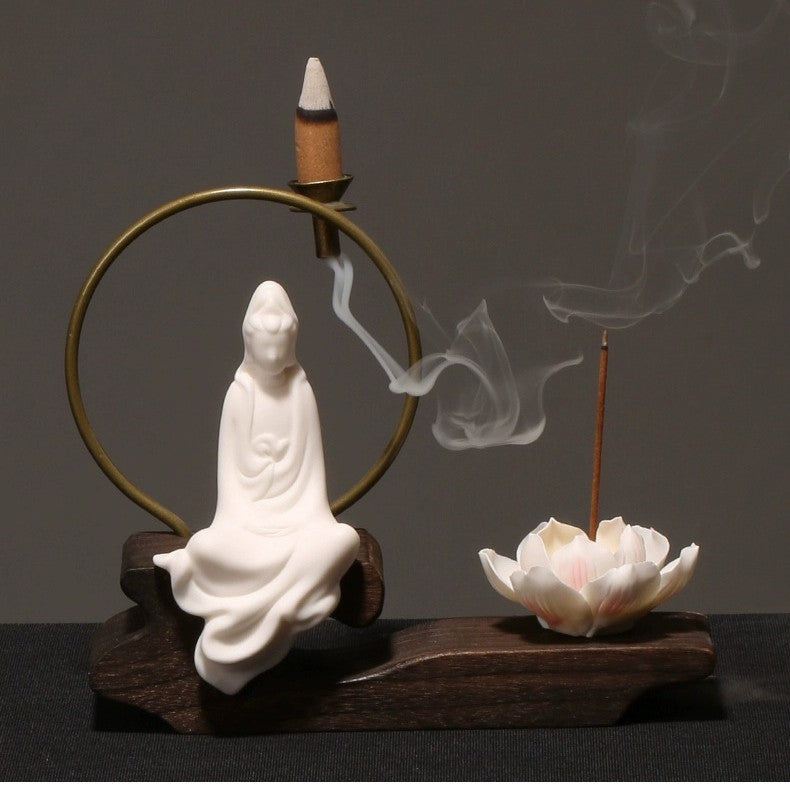 zensoullab Creative Chinese Ceramic Ornament Phaseless Buddha Statue Home Backflow Incense Burner Sandalwood Aromatherapy Burner Incense Holder Incense Device Wooden Incense Stand