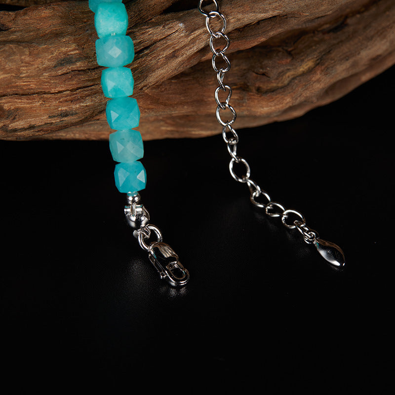 zensoullab Live S925 Sterling Silver Natural Amazonite Gemstone Beaded Necklace for Women Collarbone Chain