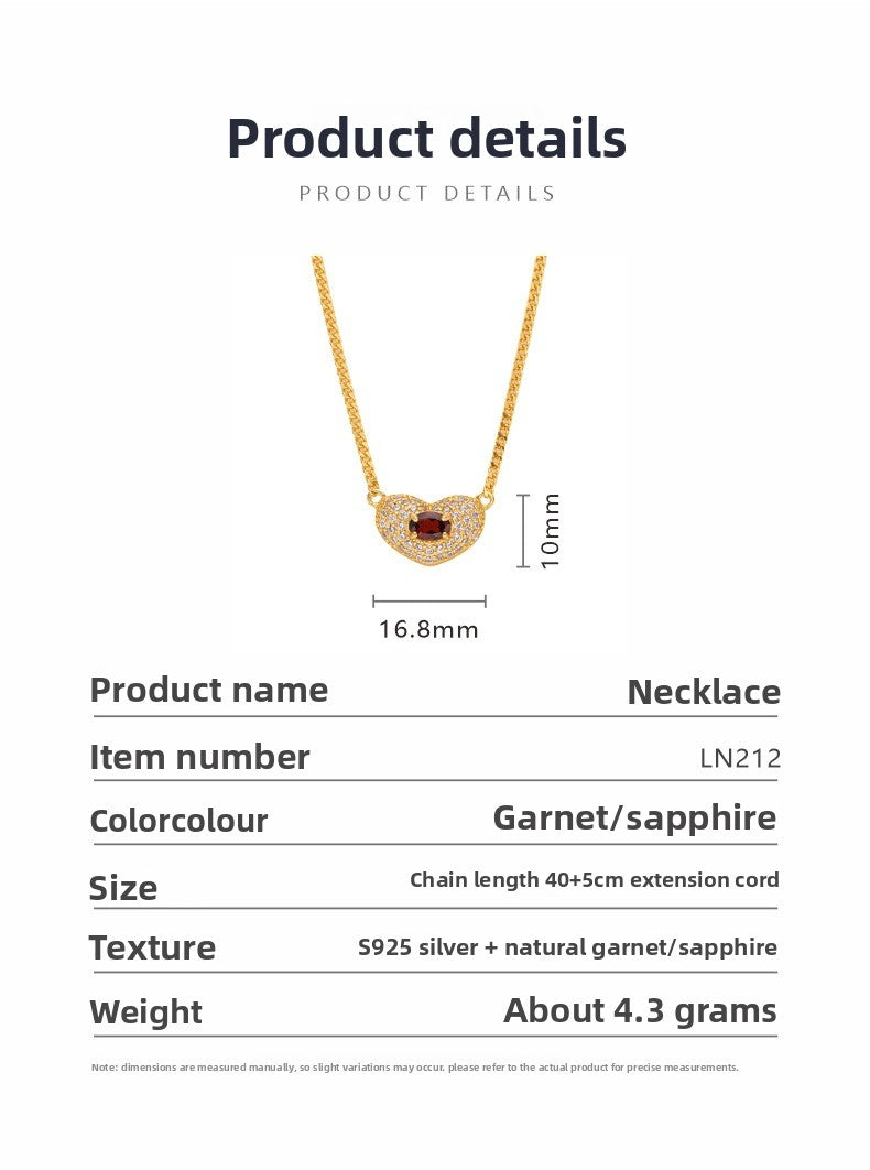 zensoullab High-End Heart-Shaped Gemstone Necklace for Women S925 Sterling Silver Natural Garnet Sapphire Heart Pendant Niche Non-Fading