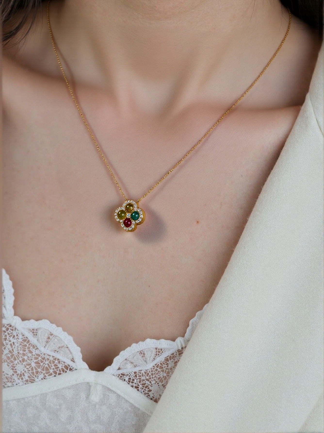 zensoullab S925 Sterling Silver 18K Gold Pendant Necklace Clavicle Chain Natural Tourmaline Four-Leaf Clover Vintage Elegant Temperament Women