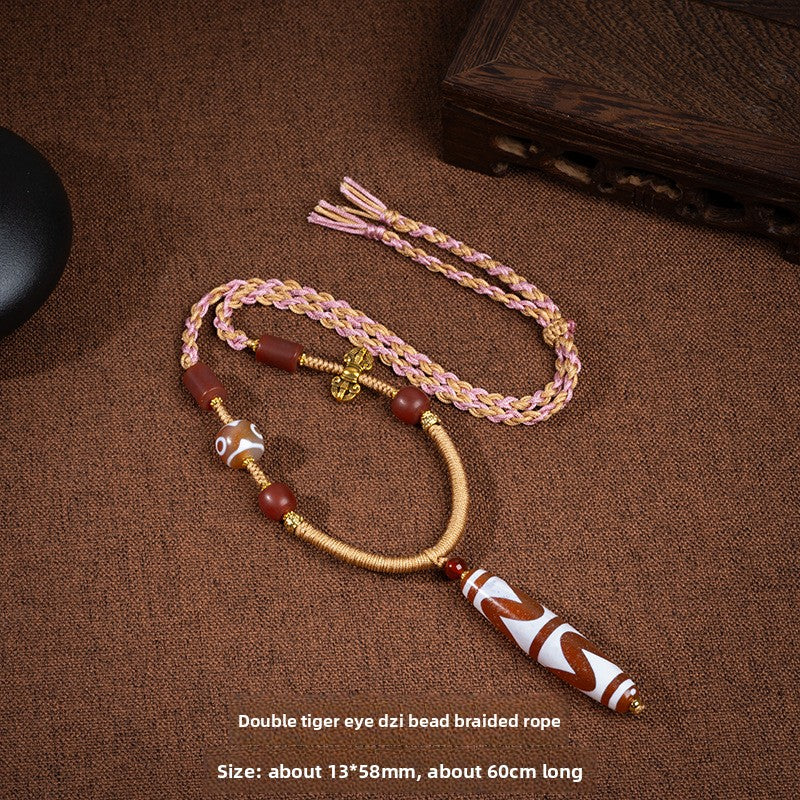 zensoullab Natural Tibetan Style Yellow Nine-Eyed Dzi Bead Necklace Multi-Totem Agate Pendant Couple Style Woven Necklace In Stock