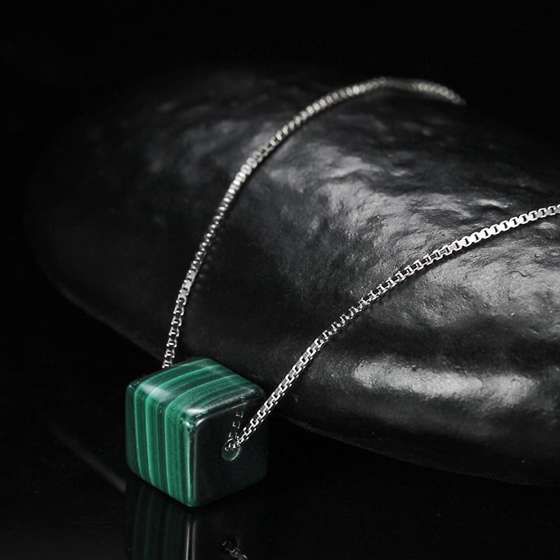 zensoullab Jewelry Minimalist Style Square Pendant S925 Sterling Silver Malachite Necklace Women's Jewelry Simple Collarbone Chain