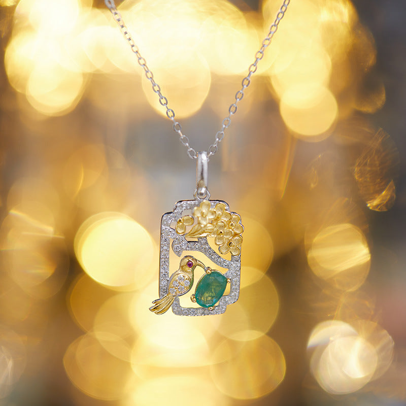 zensoullab S925 Sterling Silver French Light Luxury Natural Emerald Gemstone Necklace Fashion Collarbone Chain Personality Ins Style