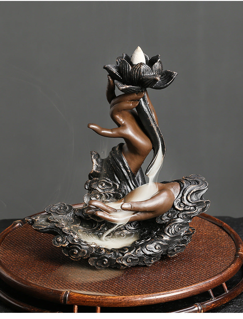 Resin Backflow Incense Burner Ornament Creative Lotus Zen Buddha Hand Backflow Incense Home Craft Decoration