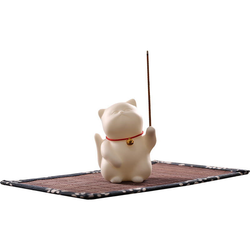 Zensoullab Creative Cute Lucky Cat Ceramic Decoration Cute Cat Tea Ornaments Pen Holder Home Indoor Sandalwood Incense Stick Holder Incense Ceremony Incense Holder