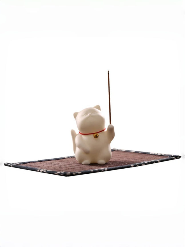 Zensoullab Creative Cute Lucky Cat Ceramic Decoration Cute Cat Tea Ornaments Pen Holder Home Indoor Sandalwood Incense Stick Holder Incense Ceremony Incense Holder