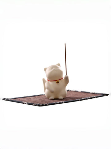 Zensoullab Creative Cute Lucky Cat Ceramic Decoration Cute Cat Tea Ornaments Pen Holder Home Indoor Sandalwood Incense Stick Holder Incense Ceremony Incense Holder