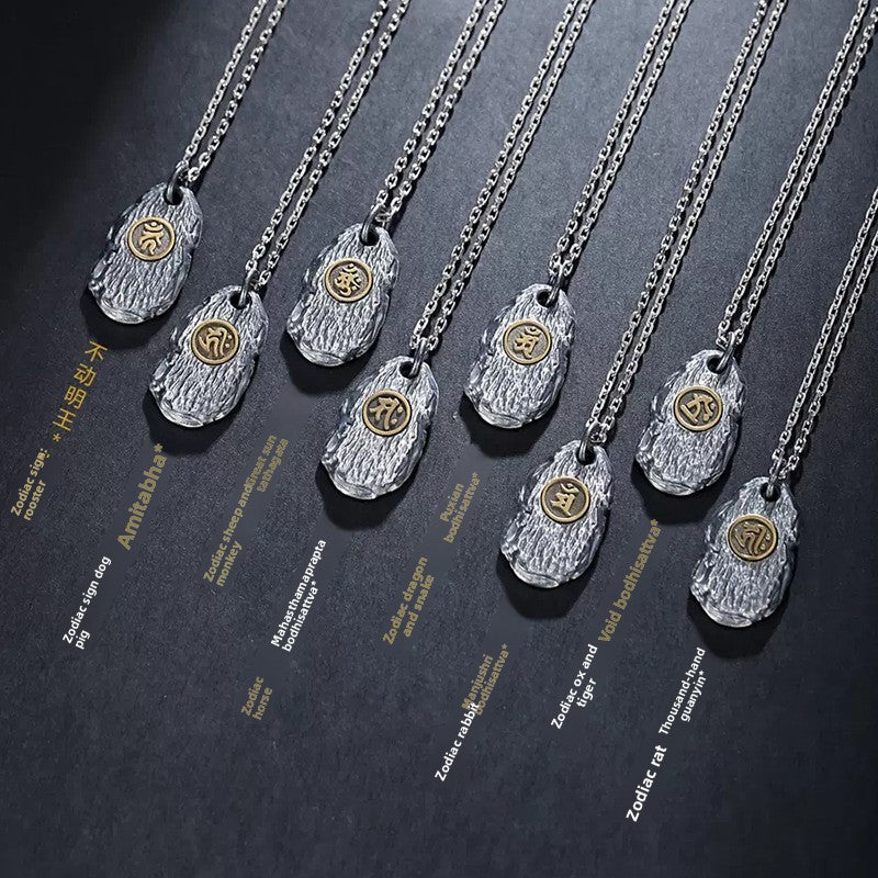zensoullab Zodiac Buddha Eight Guardian Deities Pendant for Men and Women Twelve Zodiac Signs National Trend Ethnic Style Retro Imitation Thai Silver Vintage Necklace
