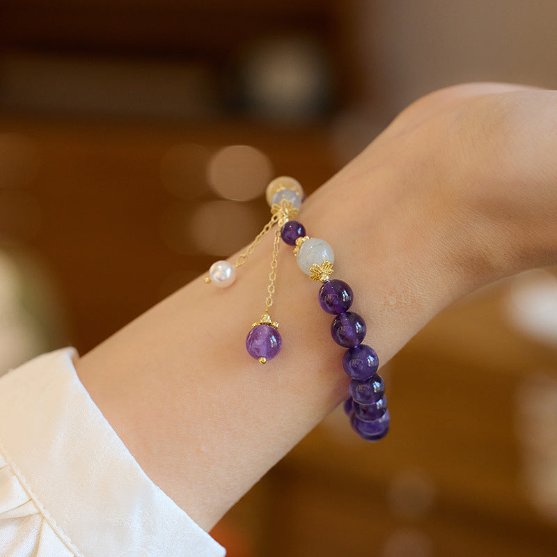 zensoullab Niche Design Natural 8MM Amethyst Bracelet for Women with Pearl Tassel Women's Bracelet Jewelry
