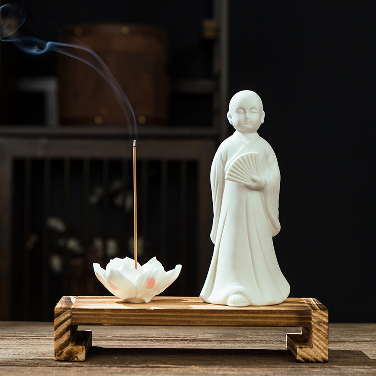 zensoullab Zen Ceramic Little Monk Figurine White Porcelain Little Novice Creative Chinese Style Living Room Entrance Tea Table Incense Home Decor