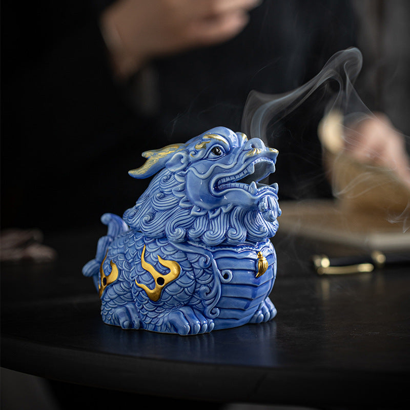Zensoullab Creative Ceramic KIRIN Incense Coil Burner Home Indoor Auspicious Beast Incense Burner Sandalwood Agarwood Point Incense Box Desktop Incense Ceremony Decoration