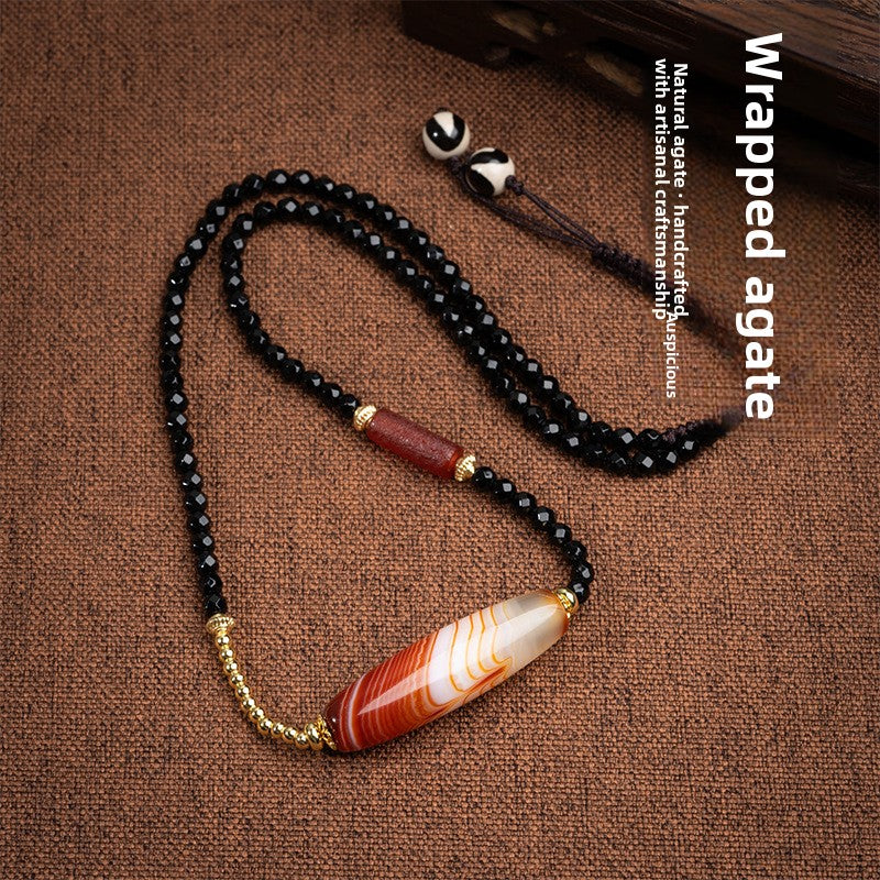 zensoullab Natural Tibetan Style Silk Wrapped Dzi Bead Necklace Red Meat High Oil Coating Agate Pendant Unisex Necklace In Stock