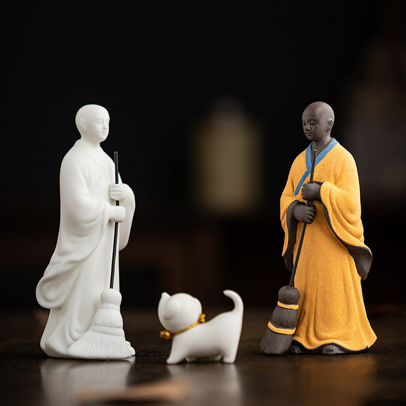 zensoullab Creative Ceramic Figure Sweeping Monk Zen Little Monk Ornament Home Living Room Curio Shelf Tea Room Bonsai Decoration