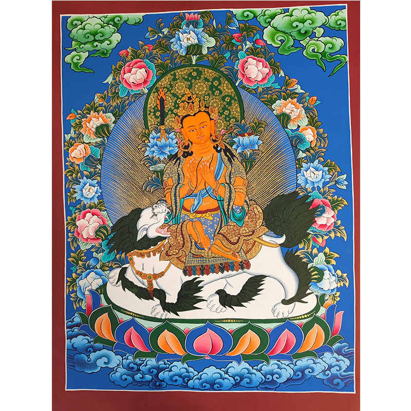 zensoullab Nepal Hand-painted Manjushri Thangka Yellow God of Wealth Samantabhadra Four-armed Guanyin White Tara Green Tara Entrance Wall Hanging Painting