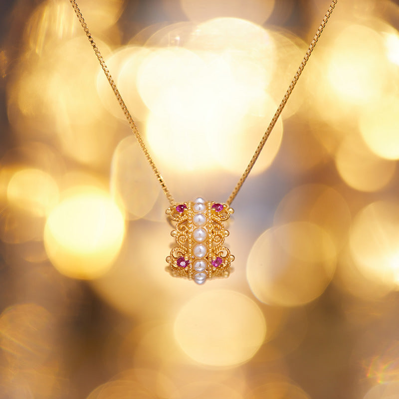 zensoullab S925 Sterling Silver Ancient Gold Necklace for Women Vintage Hollow National Trend Versatile Elegant Pendant Jewelry