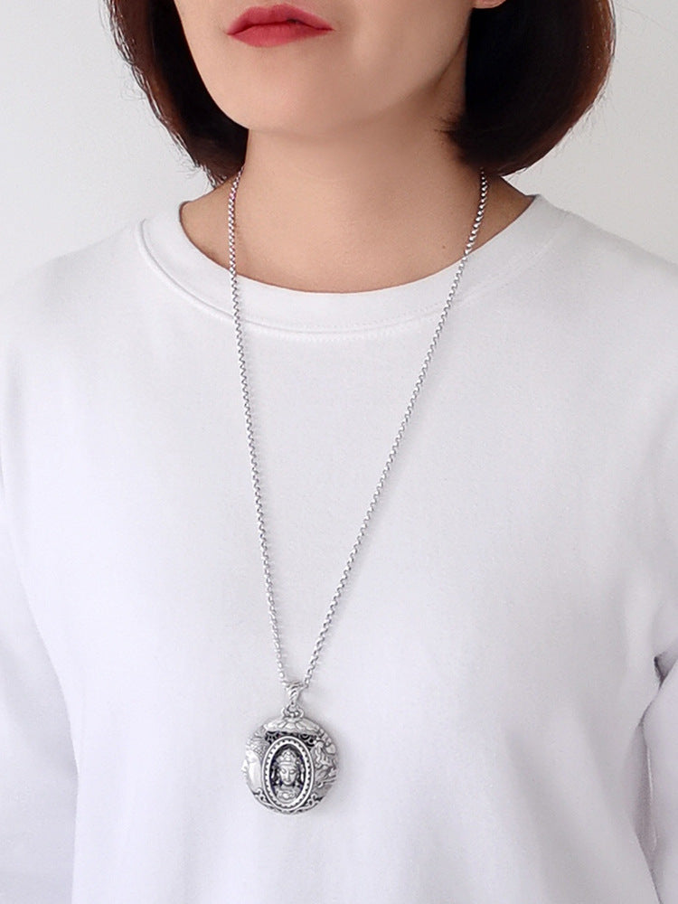 zensoullab One Thought Becomes Buddha Magic Thai Silver Sweater Chain Long Vintage Necklace Large Pendant Hanging Pendant 2023 Pendant