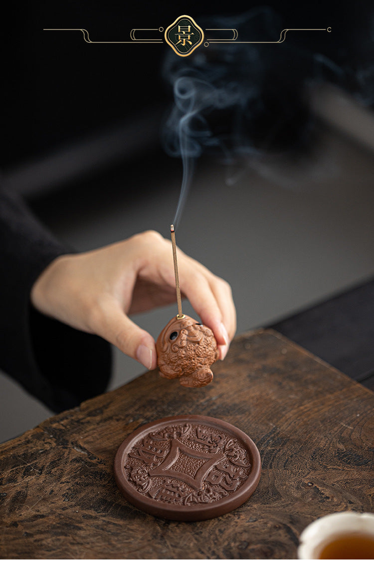 zensoullab Creative Ceramic Cute Fortune Golden Toad Purple Clay Tea Pet Ornament Aromatherapy Burner Home Indoor Incense Holder Incense Stand Incense Ceremony