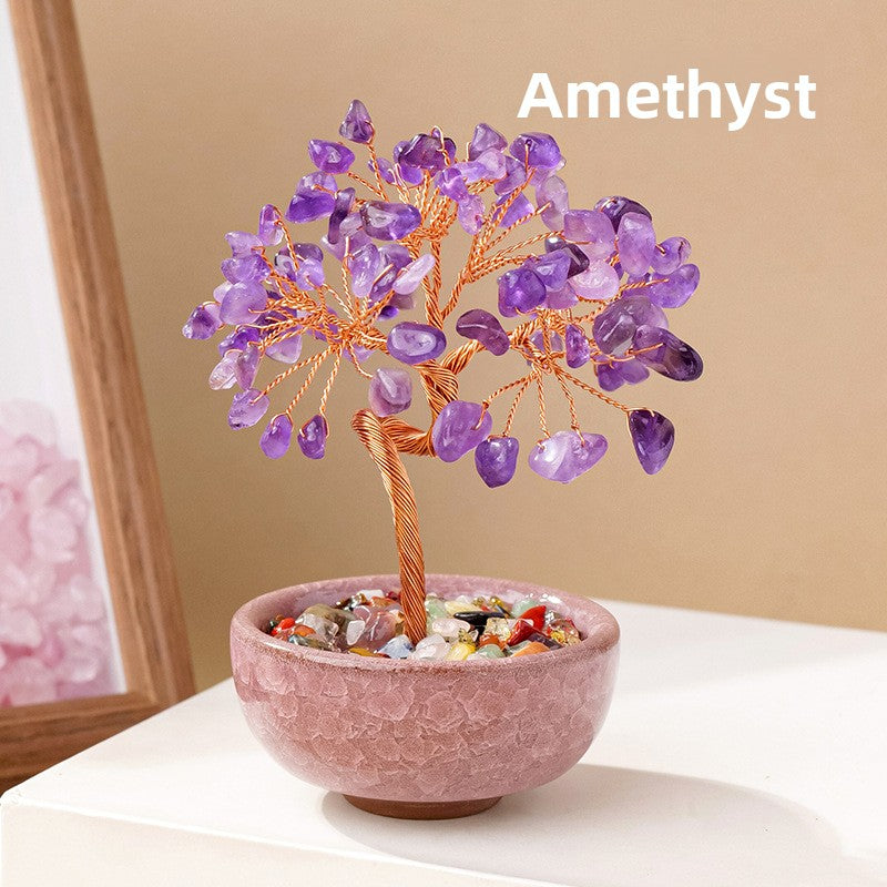 zensoullab Natural Yellow Crystal Wealth Tree Tea Cup Base Treasure Bowl Crystal Tree Crystal Money Tree Desktop Wealth-Attracting Ornament