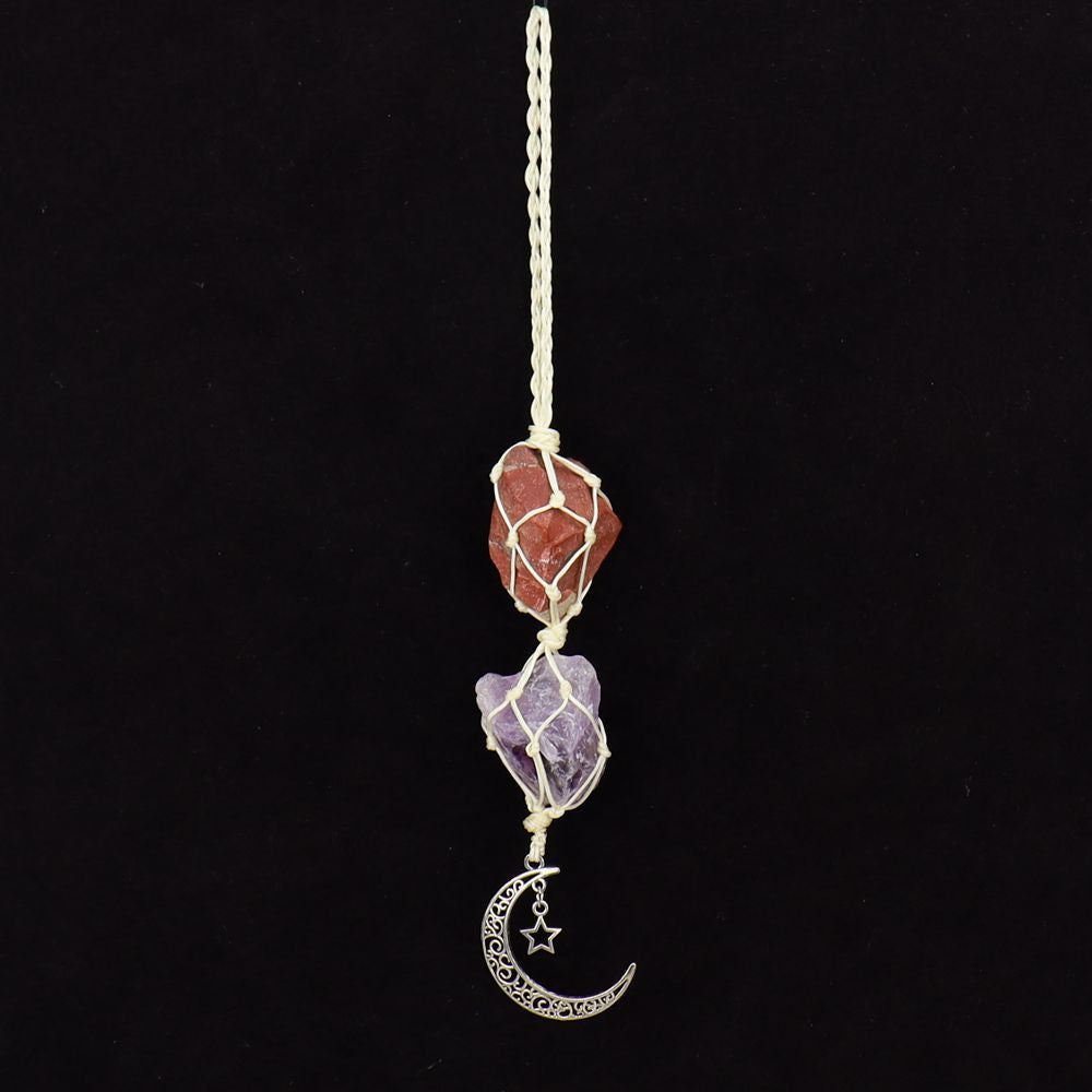 zensoullab Handmade Woven Raw Stone Crystal Pendant Star Moon Net Bag Car Hanging Amethyst Ornament