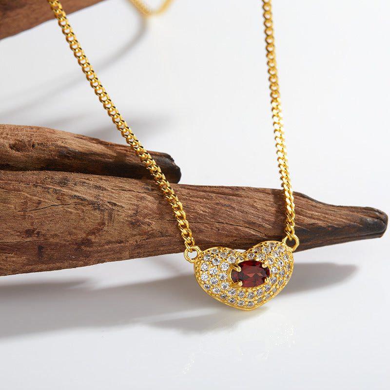 zensoullab High-End Heart-Shaped Gemstone Necklace for Women S925 Sterling Silver Natural Garnet Sapphire Heart Pendant Niche Non-Fading