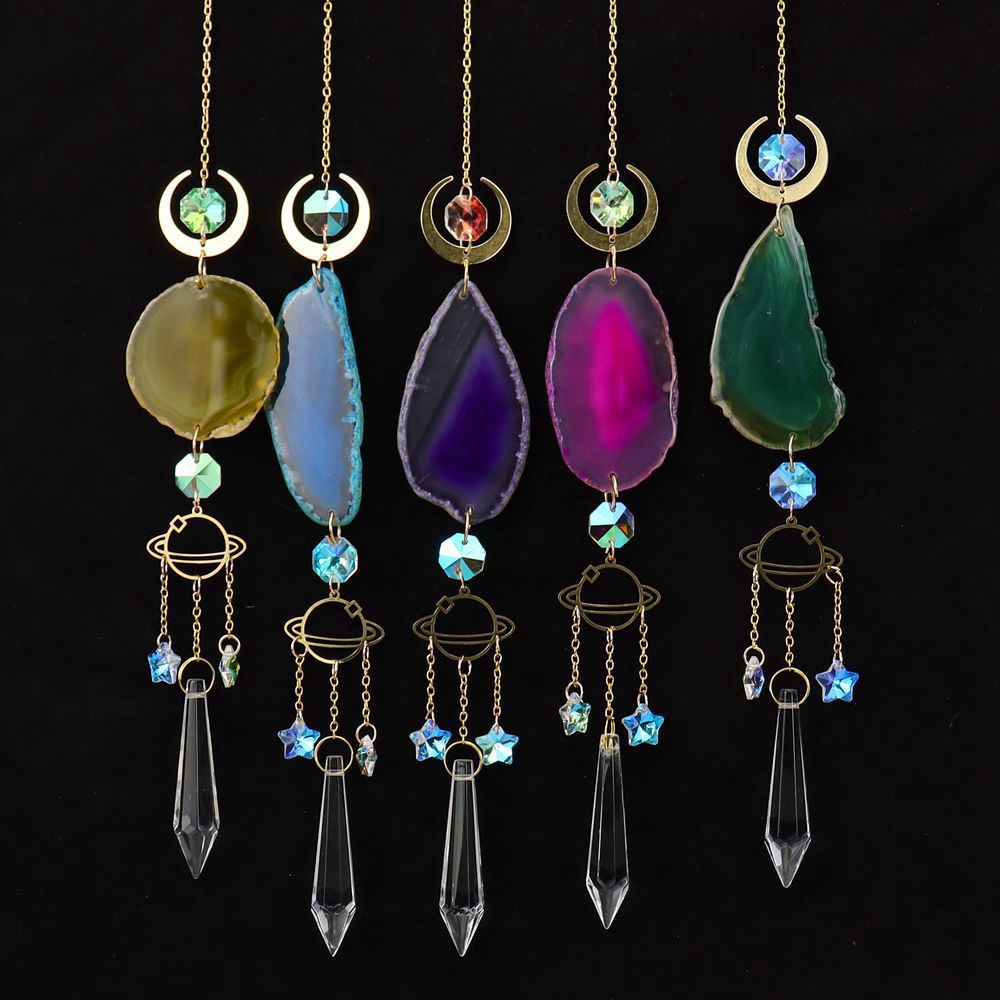 zensoullab Natural Crystal Agate Slice Hollow Moon Sun Catcher Light Gathering Ornament Hanging Prism Garden Pendant