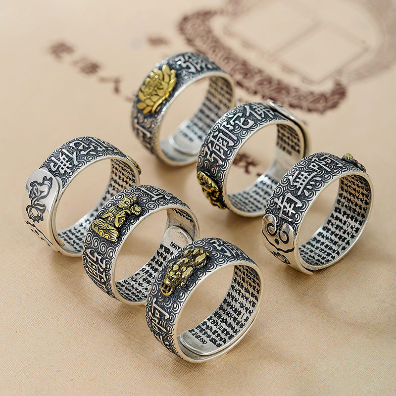 zensoullab Vintage Eight Guardian Deities Ring for Men Heart Sutra Zodiac Year Open Ring Imitation Thai Silver Six-Word Mantra Men's Ring