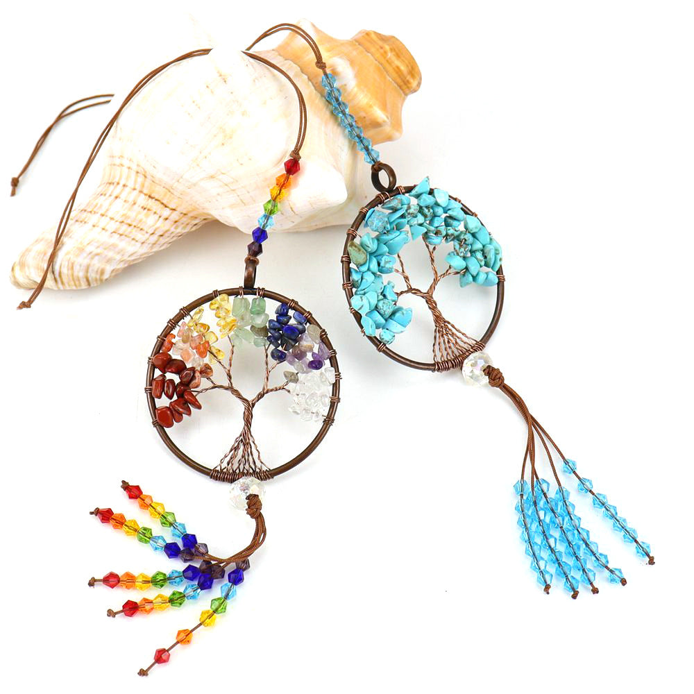 zensoullab Natural Crushed Stone Colorful Stone Tree of Life Car Hanging Handmade Crystal Tassel Wall Hanging