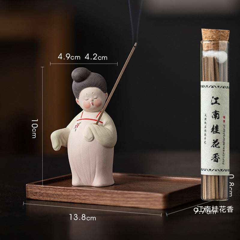 zensoullab Ancient Style Tang Dynasty Female Figure Ceramic Incense Burner Zen Incense Holder Incense Stand Chinese Tea Table Incense Ceremony Incense Burner Incense Burner Ornament