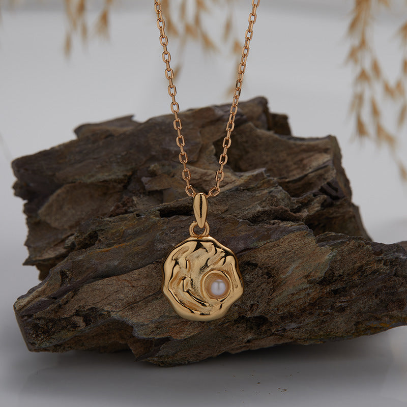 zensoullab S925 Sterling Silver Natural Pearl Garnet Necklace for Women with Elegant Wave Texture Round Pendant Choker