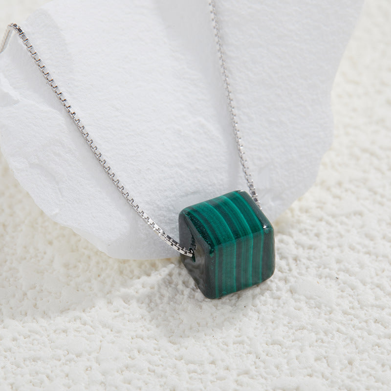zensoullab Jewelry Minimalist Style Square Pendant S925 Sterling Silver Malachite Necklace Women's Jewelry Simple Collarbone Chain