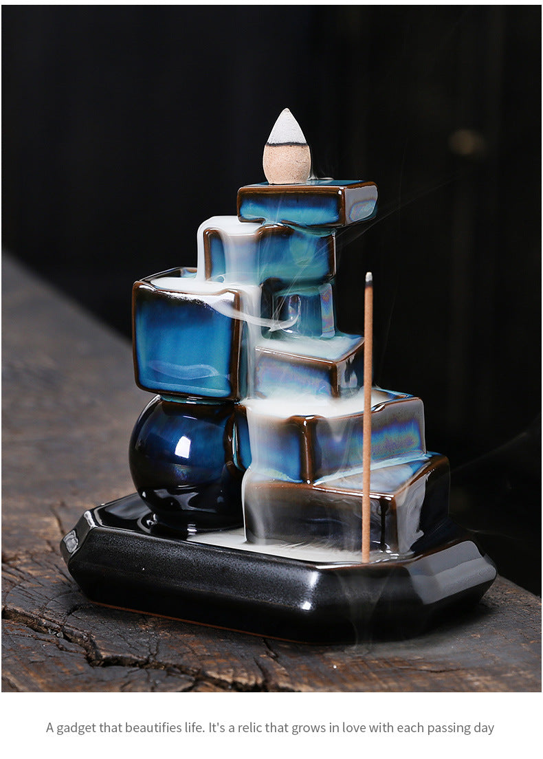 zensoullab Ceramic Mountain Water Backflow Incense Burner Ornament Creative Round Ball Square Blue Backflow Aromatherapy Burner Home Decor