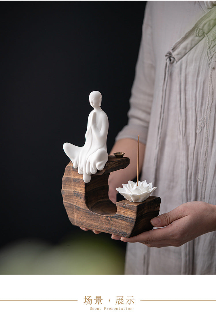 zensoullab Creative Backflow Incense Burner Home Aromatherapy Burner Ceramic Ornament Sandalwood Incense Holder Guanyin Buddha Statue Zen Living Room Decoration