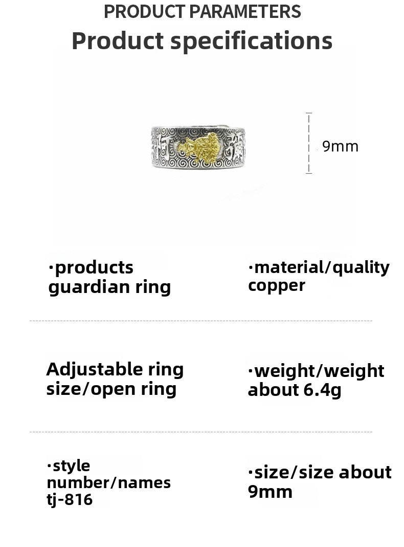 Zensoullab Vintage Thai Silver Zodiac Ring Birth Buddha Heart Sutra Opening Adjustable Men and Women Eight Patron Saints Ring