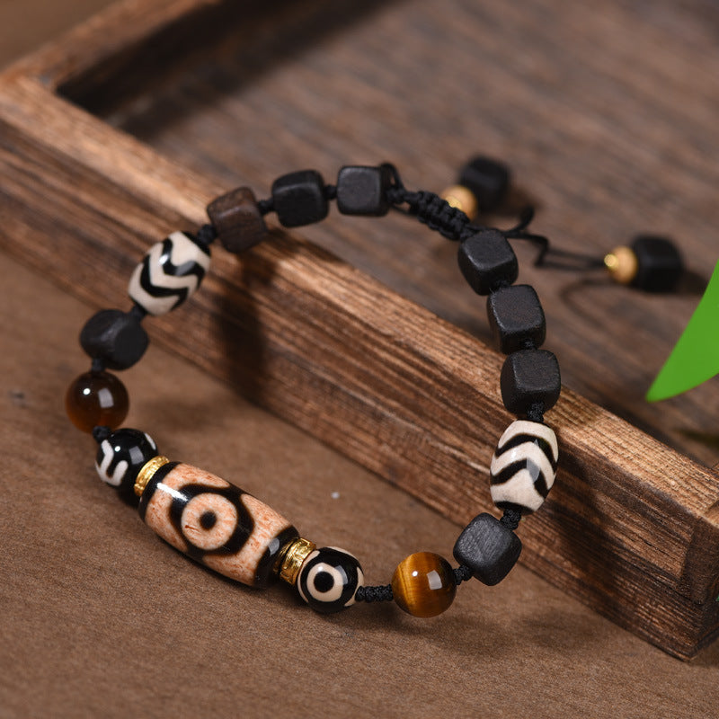 zensoullab Vintage Tibetan Style Patina Tiger Tooth Dzi Bead Agate Bracelet for Men and Women Multi-Gemstone Ethnic Style Hand String