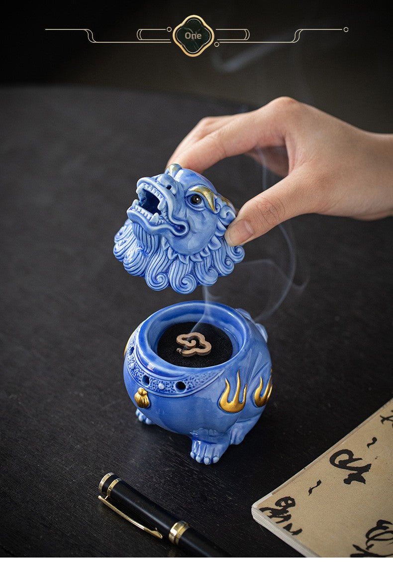 Zensoullab Creative Ceramic KIRIN Incense Coil Burner Home Indoor Auspicious Beast Incense Burner Sandalwood Agarwood Point Incense Box Desktop Incense Ceremony Decoration