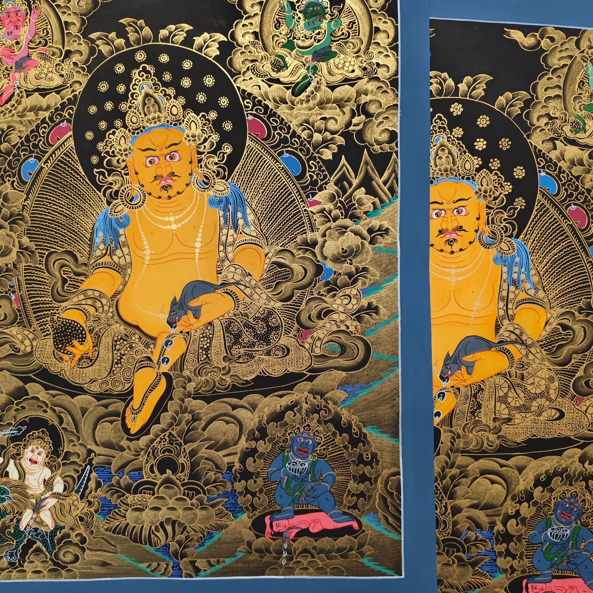 zensoullab Nepal Hand-painted Yellow God of Wealth Thangka Classic Red Thangka Black Thangka Five Gods of Wealth Buddha Tibetan Buddhist Hall Worship Decoration Hanging Painting