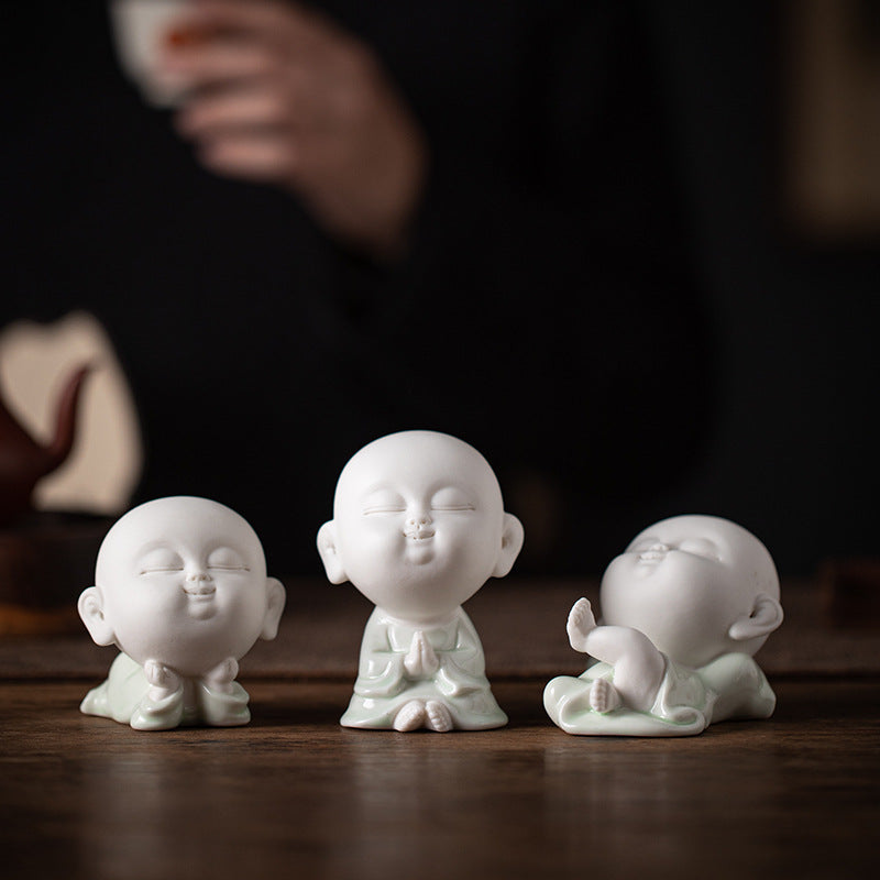 Zensoullab Cute Ceramic Monk Decoration Zen Decoration Fish Tank Landscape Celadon Samanera Tea Ornaments Tea Set Table-Top Decoration