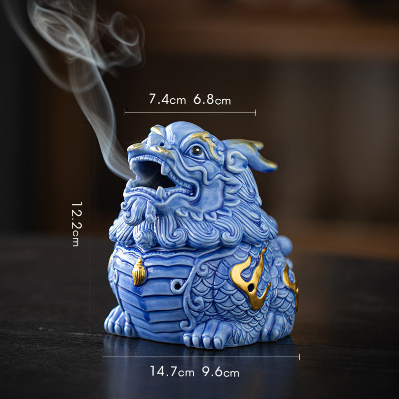 Zensoullab Creative Ceramic KIRIN Incense Coil Burner Home Indoor Auspicious Beast Incense Burner Sandalwood Agarwood Point Incense Box Desktop Incense Ceremony Decoration