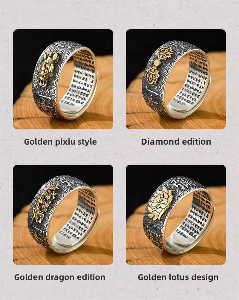 zensoullab Vintage Eight Guardian Deities Ring for Men Heart Sutra Zodiac Year Open Ring Imitation Thai Silver Six-Word Mantra Men's Ring