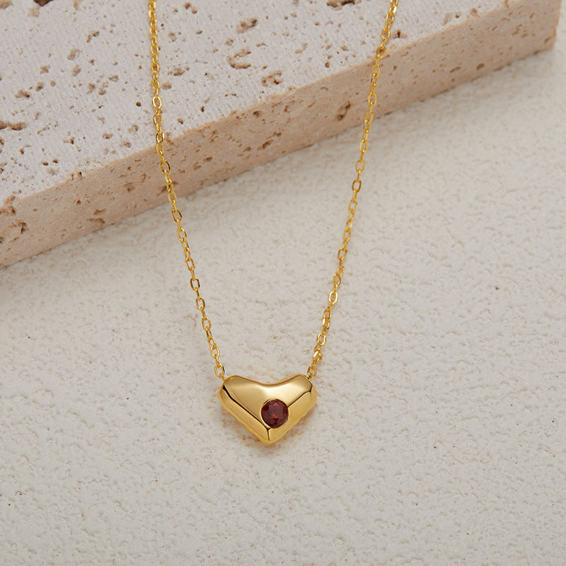zensoullab S925 Sterling Silver Natural Garnet Gemstone Heart Necklace for Women, Niche Design, Simple and Unique Collarbone Chain Set