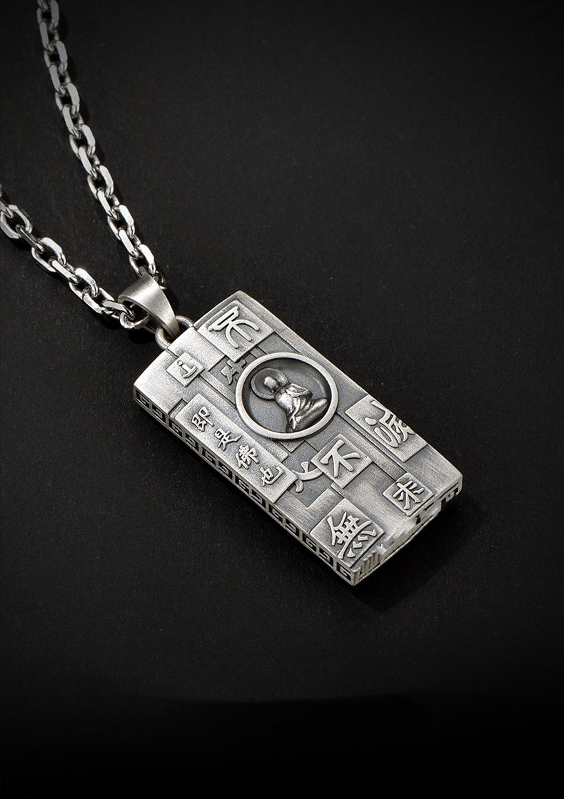 Zensoullab Thai Silver Amulet Necklace Men's Damo Buddha Symbol Pendant Protective Talisman Hanging Ornament Square Plate Pendant for Boyfriend