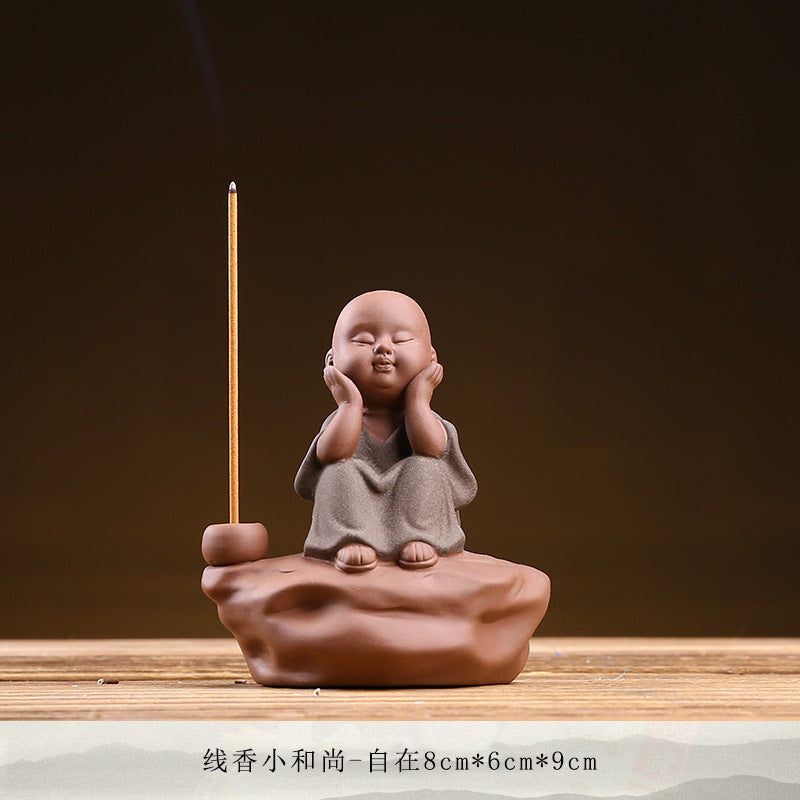 zensoullab Zen Purple Clay Little Monk Incense Holder Ornament for Car, Home, Indoor Living Room, Tea Tabletop, Incense Ceremony, Incense Seat, Incense Burner