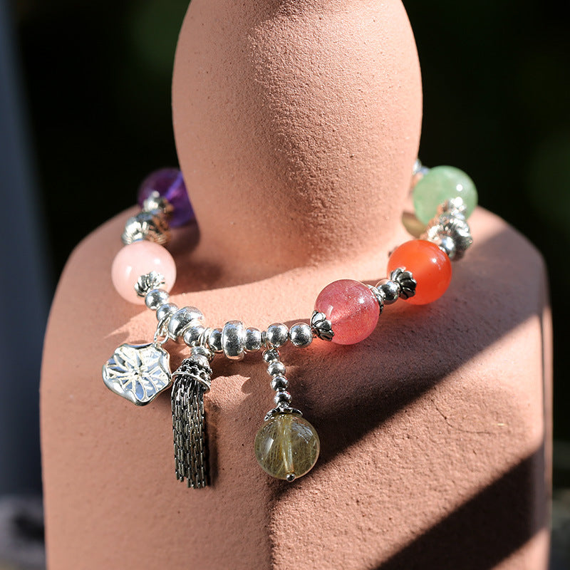 zensoullab Natural Multi-Gemstone Crystal Bracelet S925 Silver Lotus Tassel Bracelet Crystal Beaded Bracelet