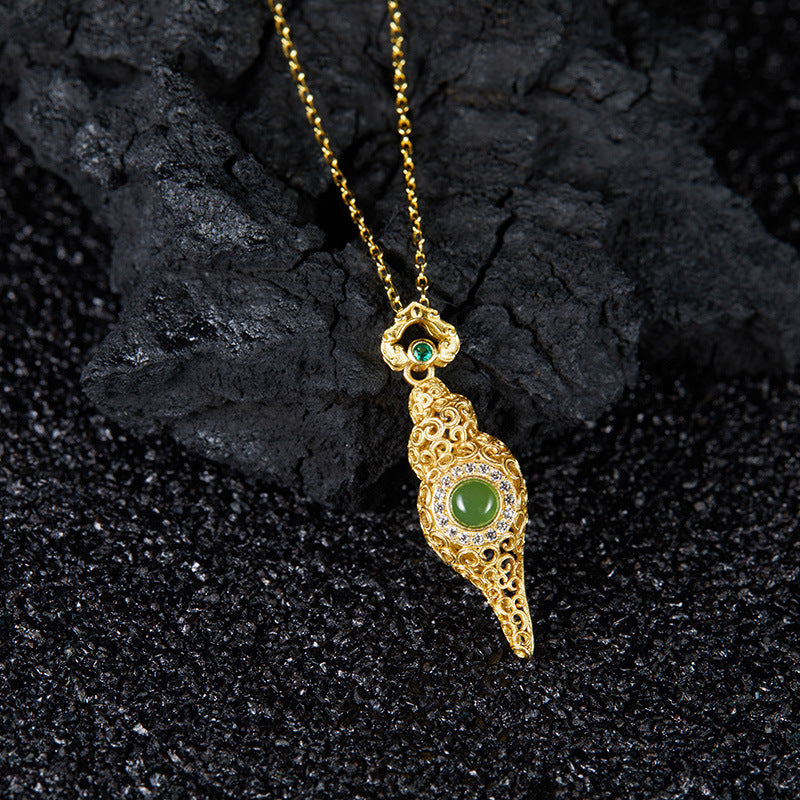 zensoullab Full Body S925 Sterling Silver Electroplated 24K Gold Conch Inlaid with Jasper Vintage Hollow Ancient Craft Pendant Necklace for Women