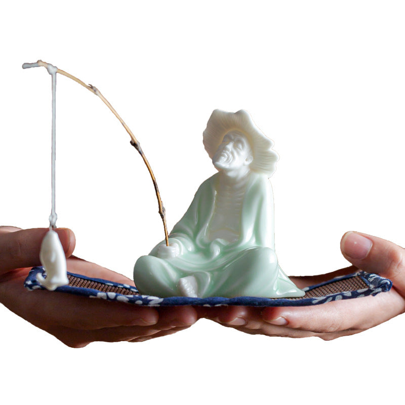 zensoullab Creative Jiang Taigong Fishing Old Man Ceramic Incense Burner Ornament Tea Pet Decoration Living Room Home Sandalwood Incense Holder Incense Ceremony