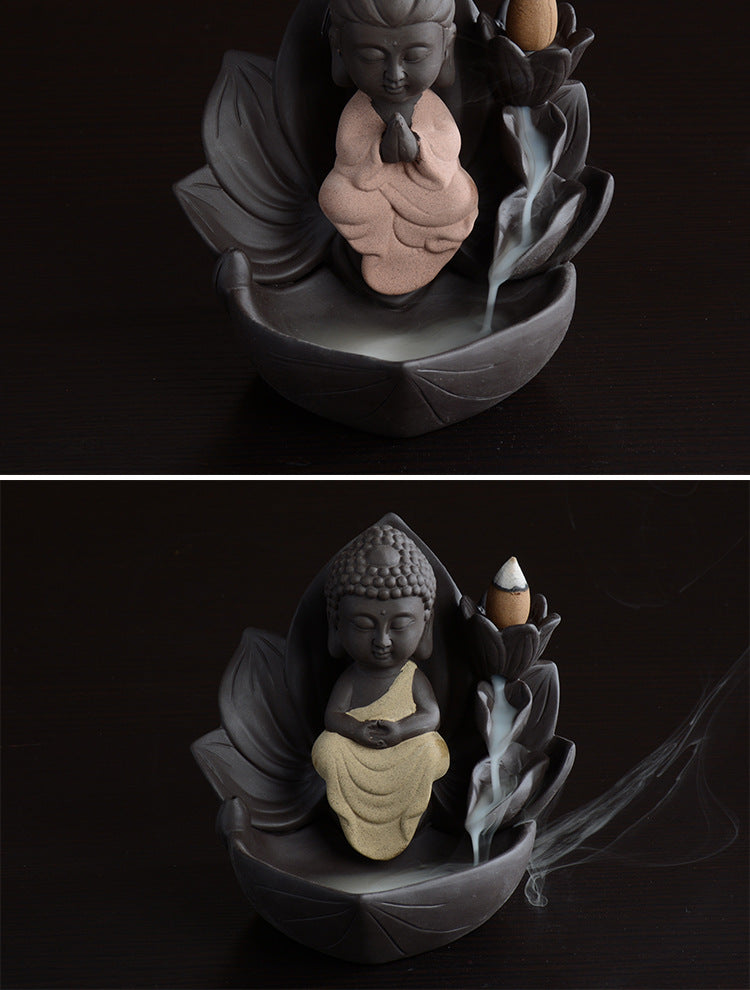 zensoullab Gift Ceramic Little Monk Retro Backflow Incense Burner Home Aromatherapy Burner Feng Shui Ornament Creative Guanyin Buddha Statue